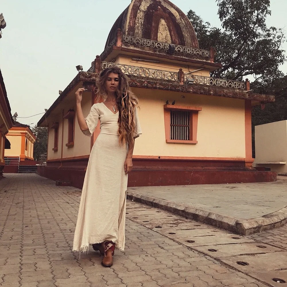 Boho lace up backless Cristal de Floresta Cotton Cream dress by aya sacred wear - Picture 3 of 7